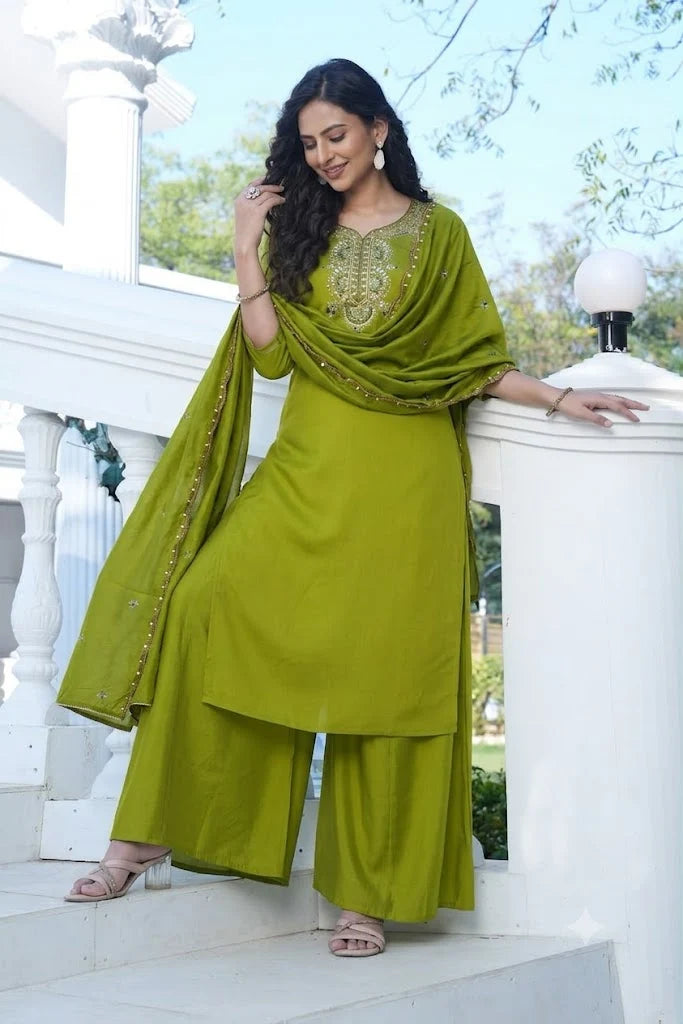 Olive Green Embroidered Silk Suit Set