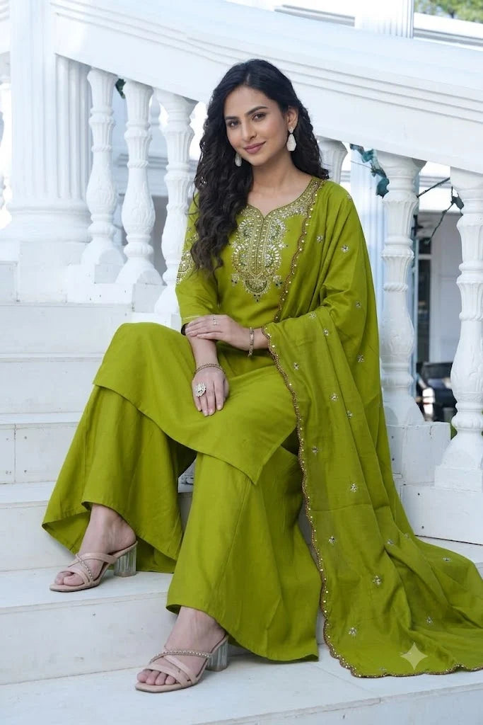 Olive Green Embroidered Silk Suit Set