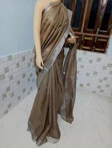 Brown Colour Women's Plain Linen Saree With Party Wear