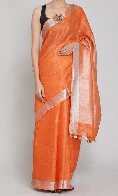Orange Colour Women's Plain Linen Saree With Casual wear