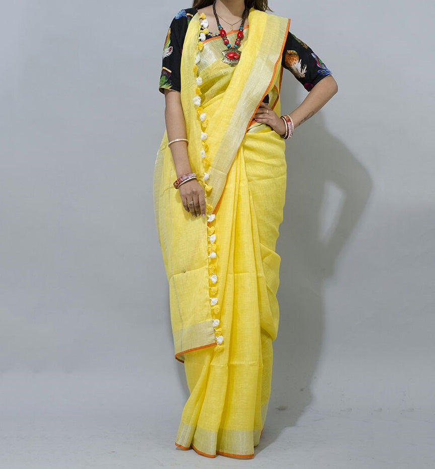 Fenugreek Yellow Colour Women's Plain Linen Saree With Casual wear
