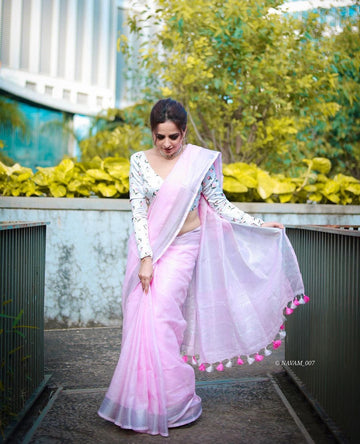 Baby Pink Colour Women's Plain Linen Saree With Casual wear