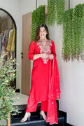 Red Viscose Simmer Embroidered Kurti Set