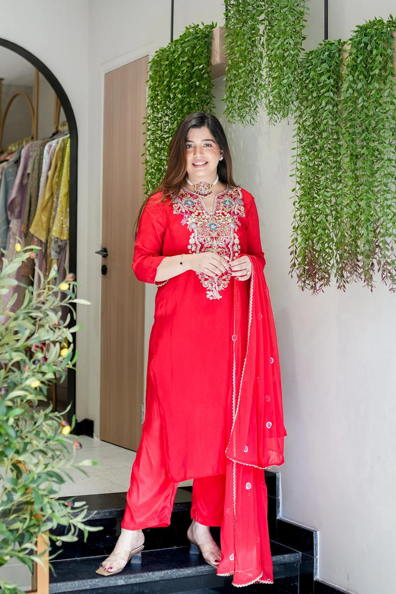 Red Viscose Simmer Embroidered Kurti Set
