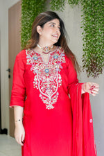 Red Viscose Simmer Embroidered Kurti Set