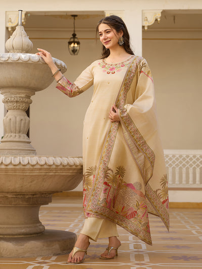 Ivory Bloom Viscose Assam Silk Suit Set