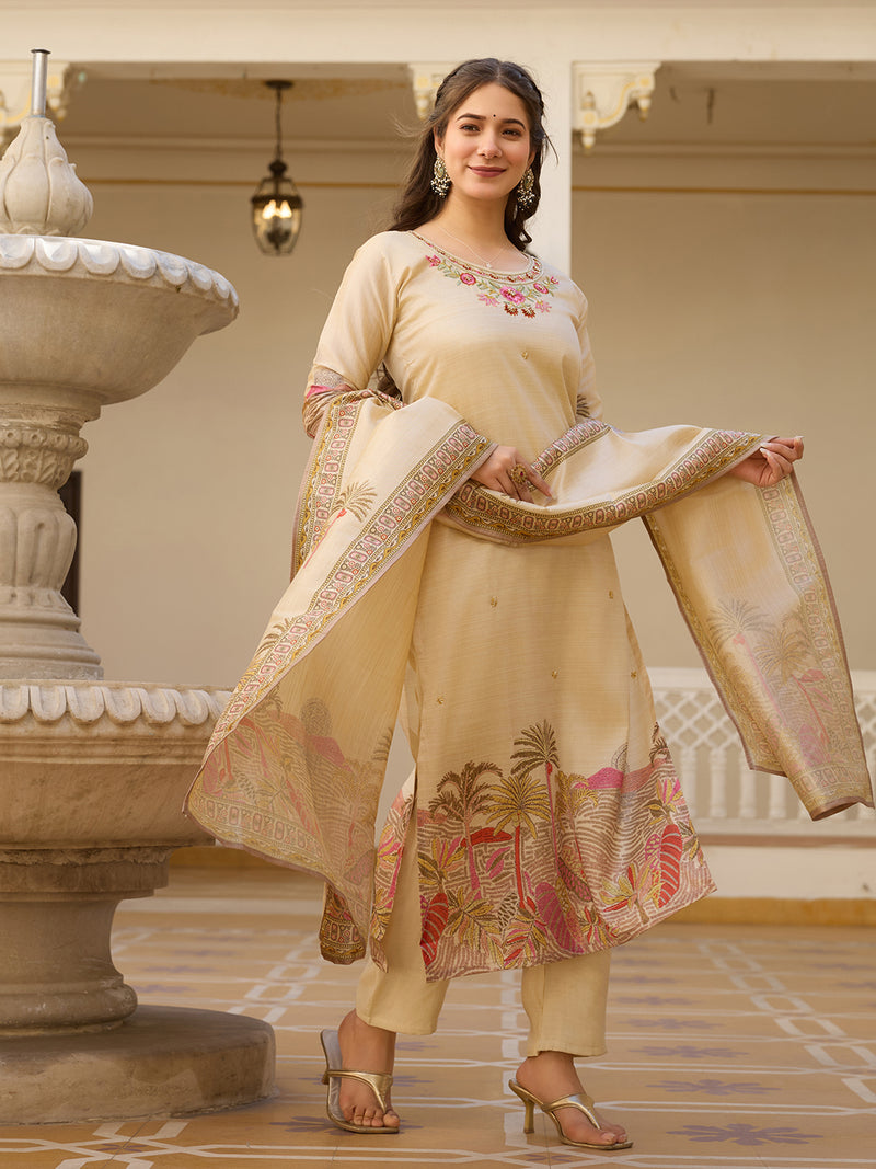 Cream Assam Silk Embroidered Suit Set