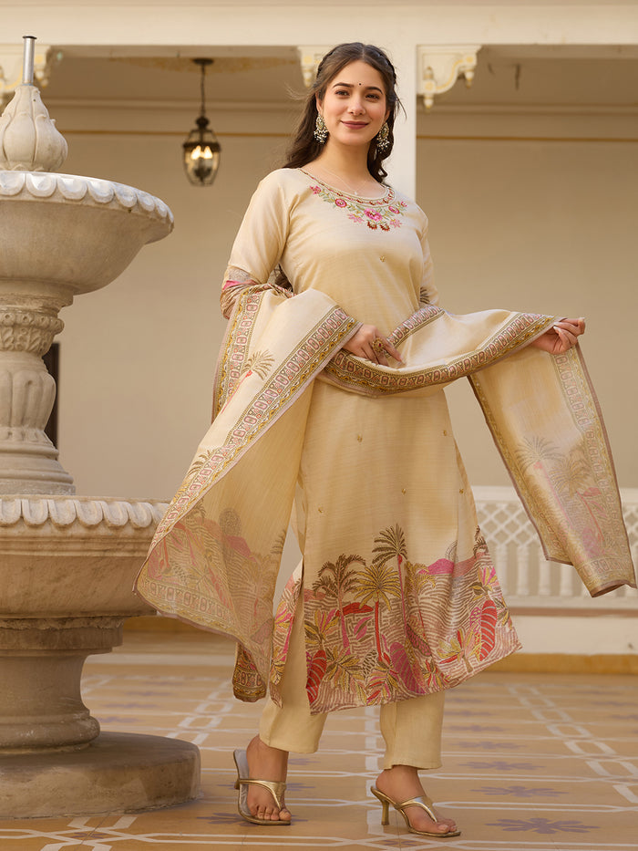 Ivory Bloom Viscose Assam Silk Suit Set