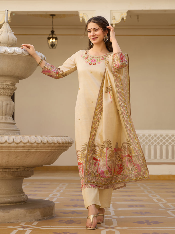 Ivory Bloom Viscose Assam Silk Suit Set