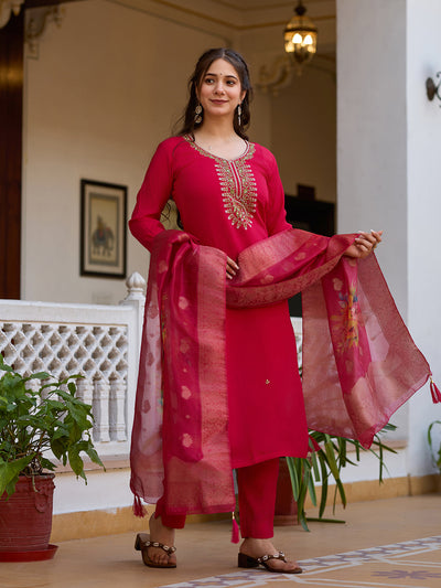 Rani Pink Embroidered Chanderi Suit Set