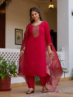 Rani Pink Embroidered Chanderi Suit Set