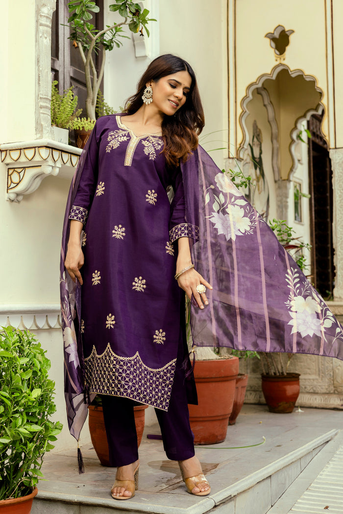 Wine Chanderi Embroidered Suit Set