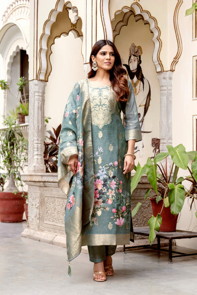 Grey Chanderi Cotton Printed Suit Set