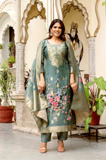Grey Chanderi Cotton Printed Suit Set