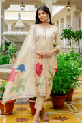 Cream Floral Embroidered Assam Silk Suit Set