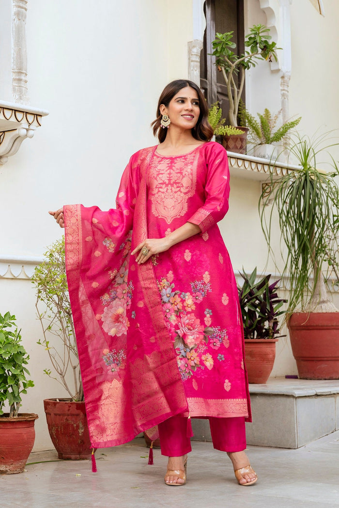 Printed Chanderi Cotton Outfit with Traditional Weave Pattern