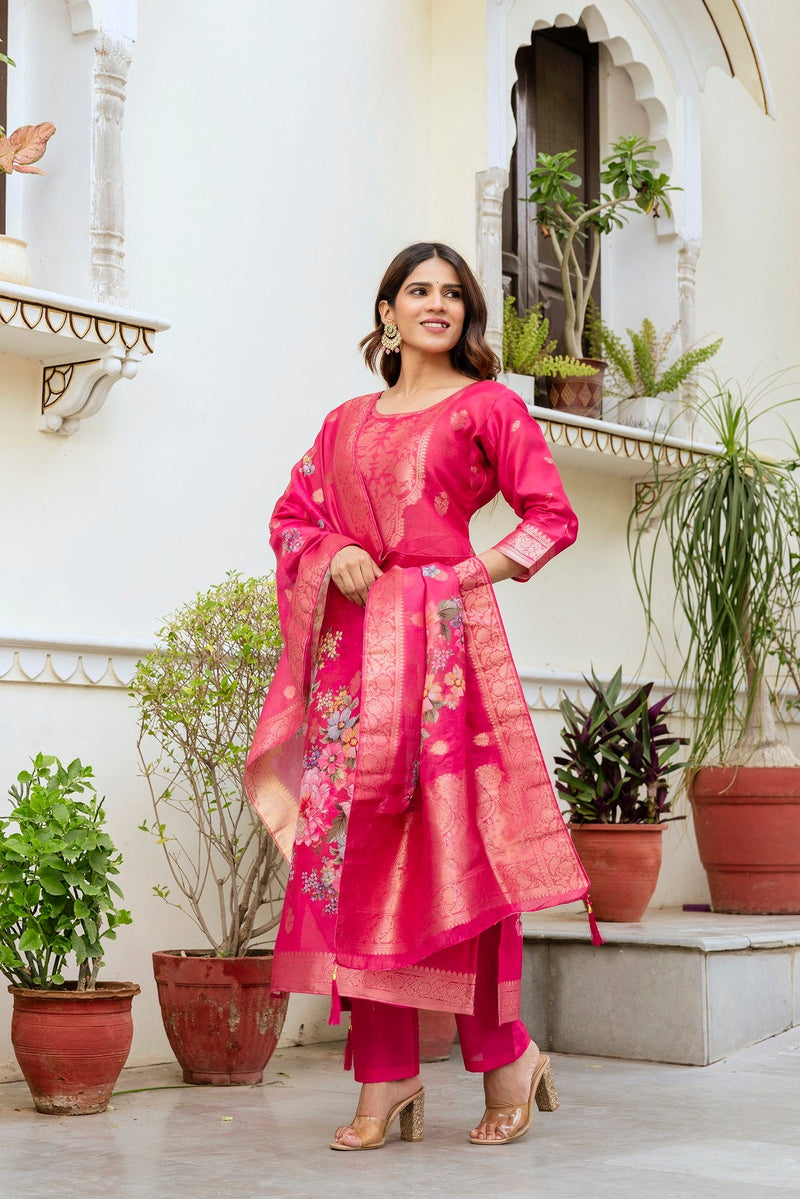 Printed Chanderi Cotton Outfit with Traditional Weave Pattern