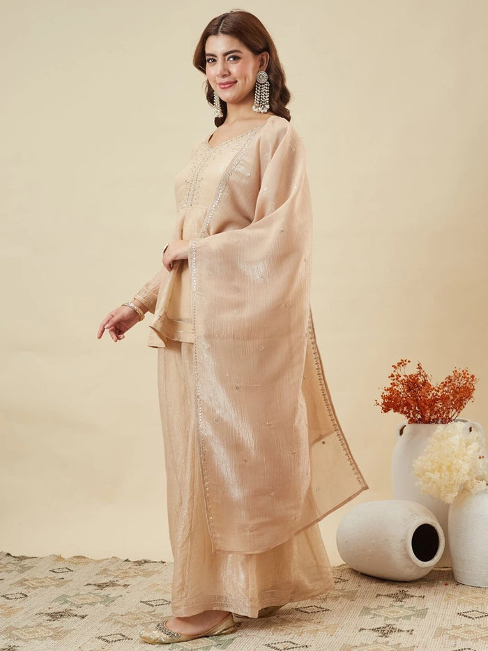 Cream Crunchy Silk Embroidered Sharara Set