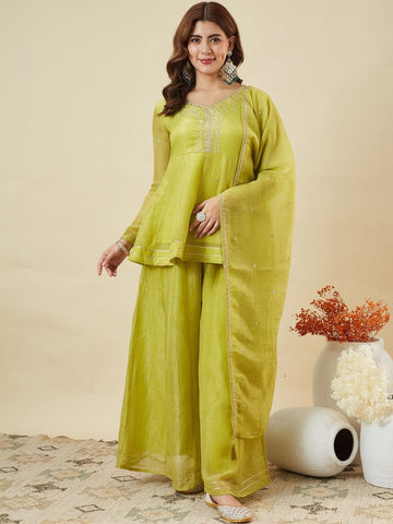 Lemon Embroidered Sharara Suit Set