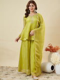 Lemon Yellow Crunchy Silk Embroidered Sharara Set