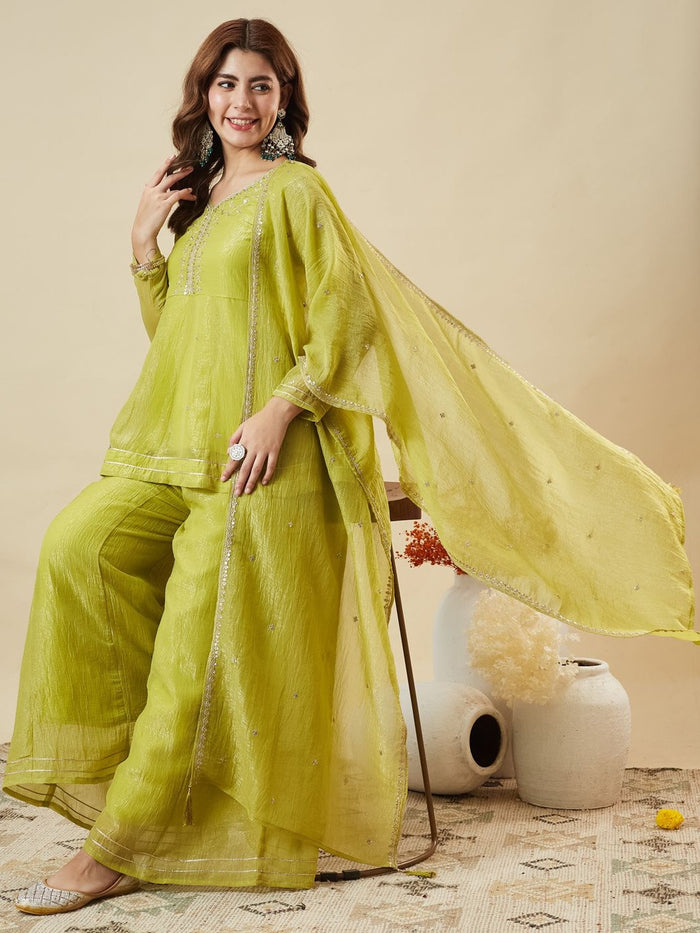 Lemon Yellow Crunchy Silk Embroidered Sharara Set