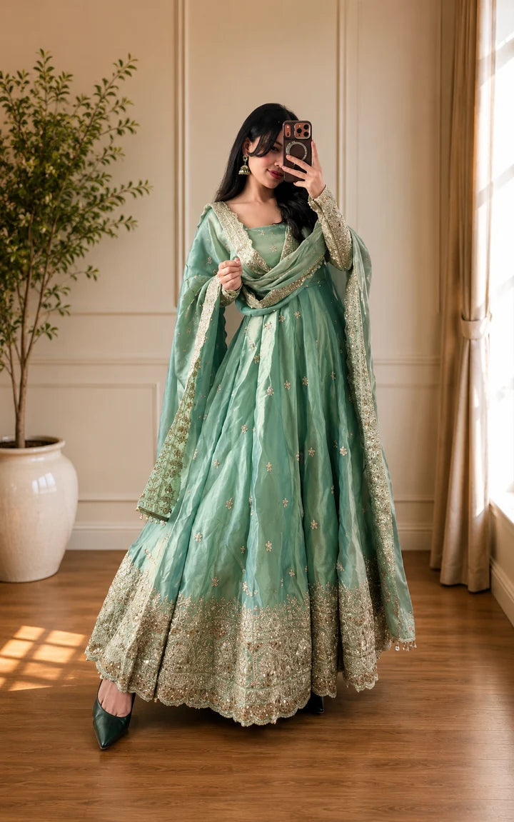 Pistachio Mist Elegant Fandy Silk Anarkali Suit Set