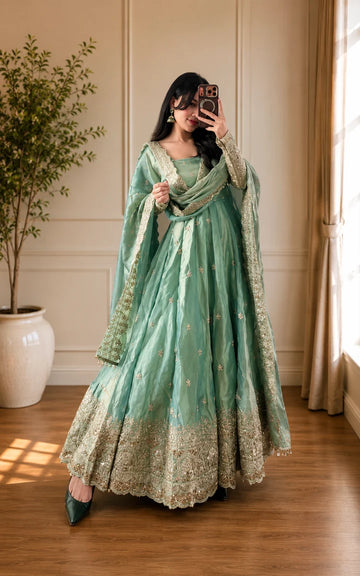 Pistachio Mist Elegant Fandy Silk Anarkali Suit Set