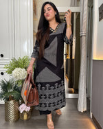 Mustard Cotton Black V-Neck Printed Kurta Pant Set for Women