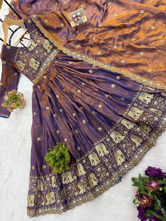 Purple Fendy Satin Embroidered Anarkali Gown Set