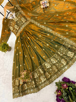 Olive Green Fendy Satin Embroidered Anarkali Gown Set