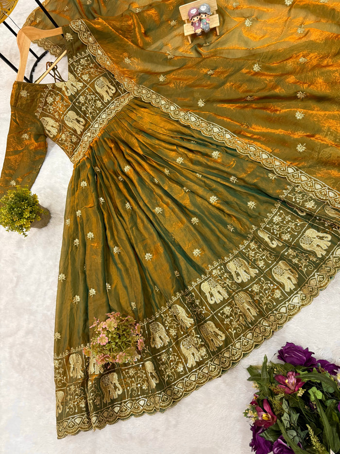 Olive Green Fendy Satin Embroidered Anarkali Gown Set