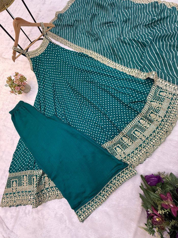 Rama Green Bandhani Vichitra Silk Gown Set