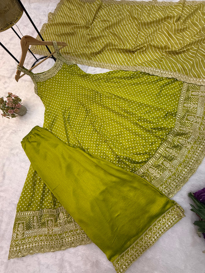 Lemon Yellow Bandhani Vichitra Silk Gown Set