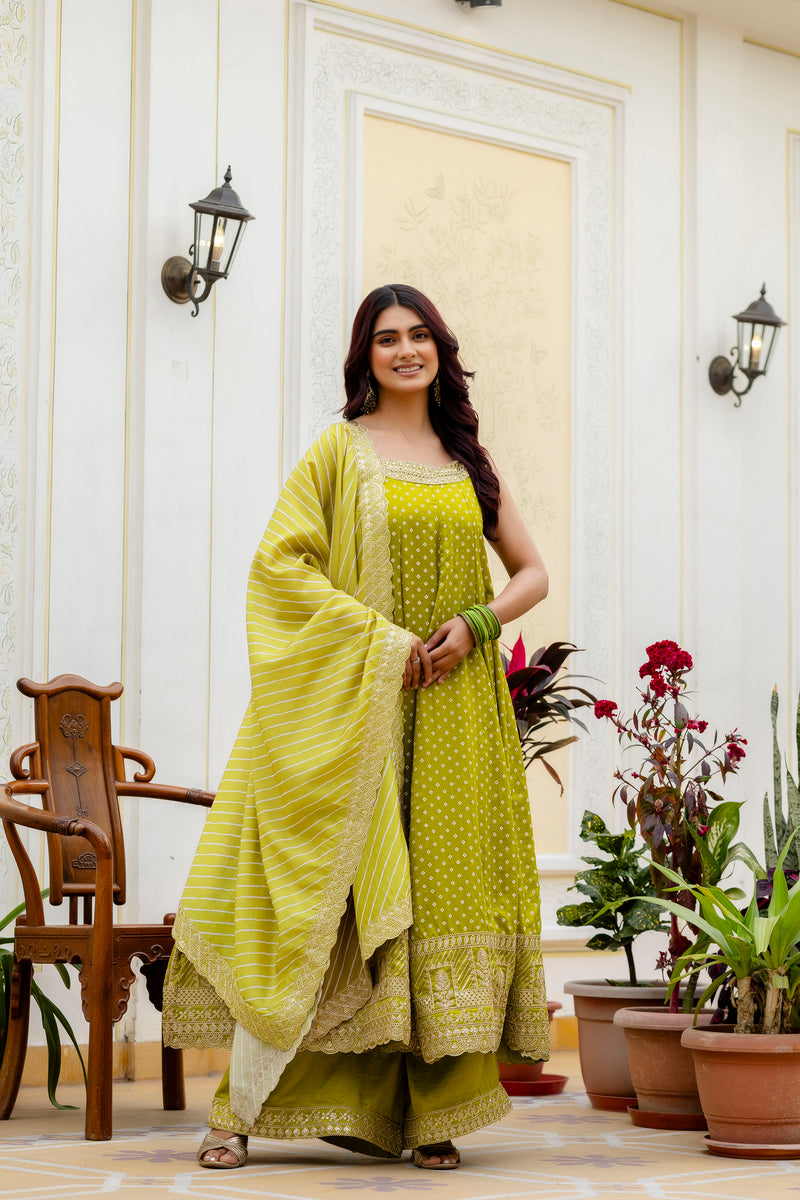 Lemon Yellow Bandhani Vichitra Silk Gown Set