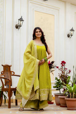 Lemon Yellow Bandhani Vichitra Silk Gown Set