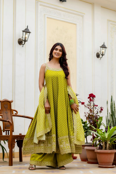Lemon Yellow Bandhani Vichitra Silk Gown Set