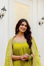 Lemon Yellow Bandhani Vichitra Silk Gown Set