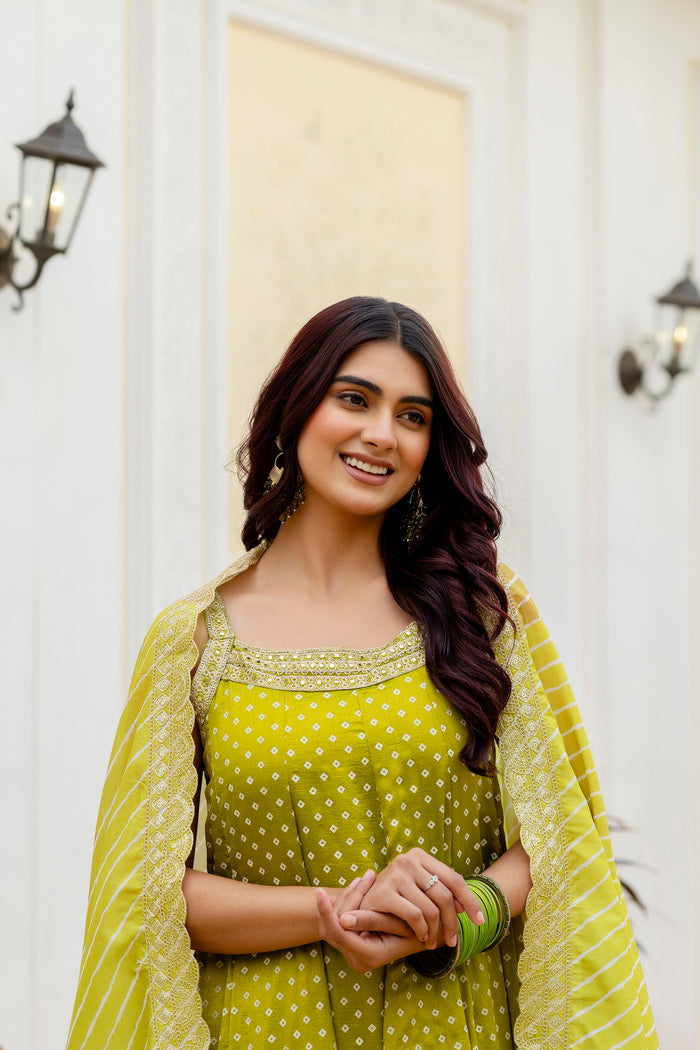 Lemon Yellow Bandhani Vichitra Silk Gown Set