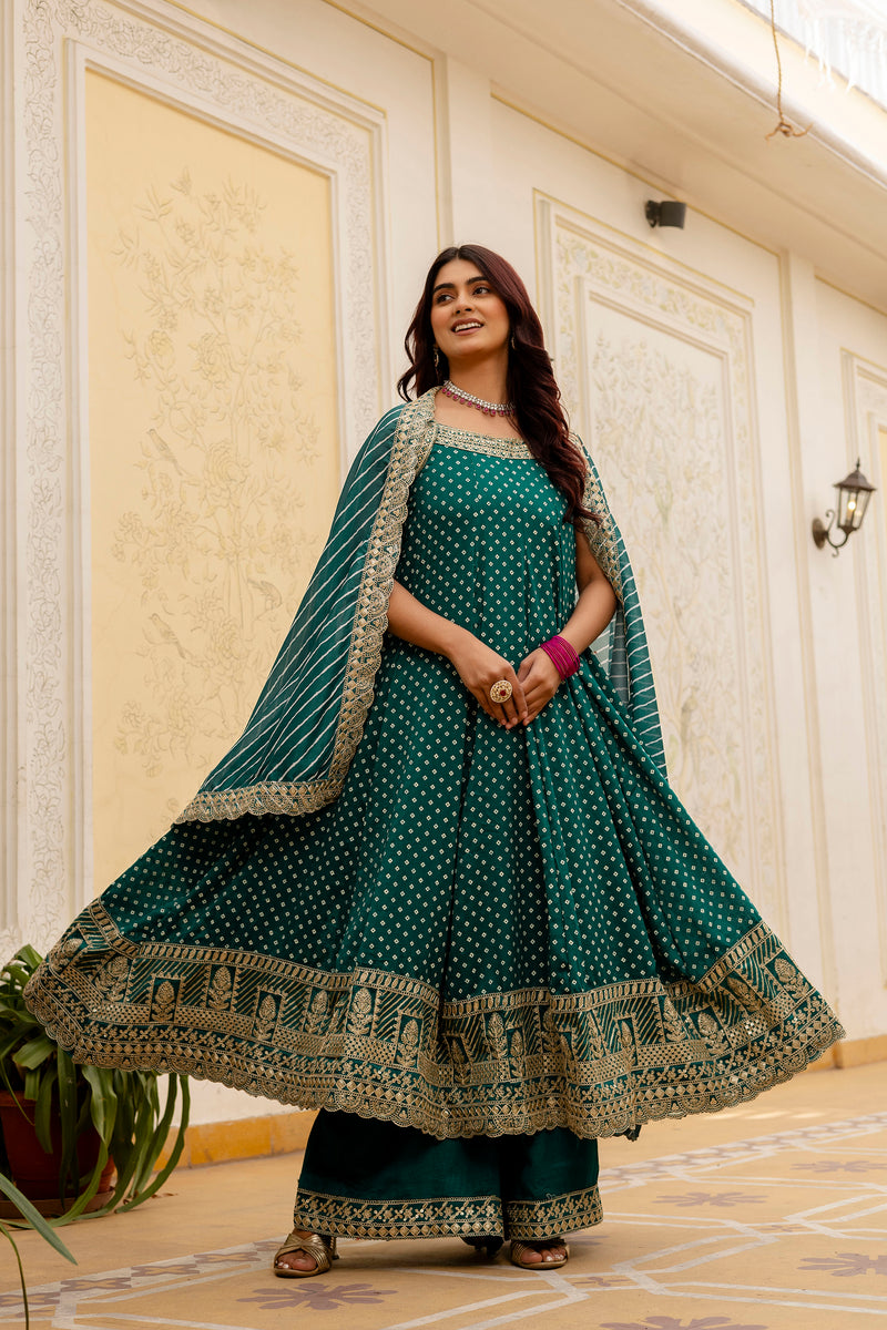 Rama Green Bandhani Vichitra Silk Gown Set