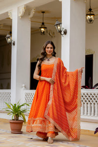 Orange Bandhani Vichitra Silk Gown Set