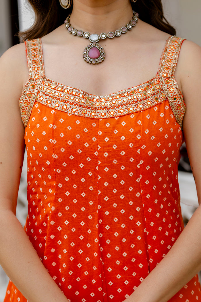 Orange Bandhani Vichitra Silk Gown Set