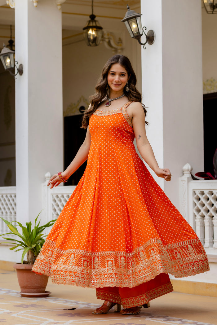 Orange Bandhani Vichitra Silk Gown Set