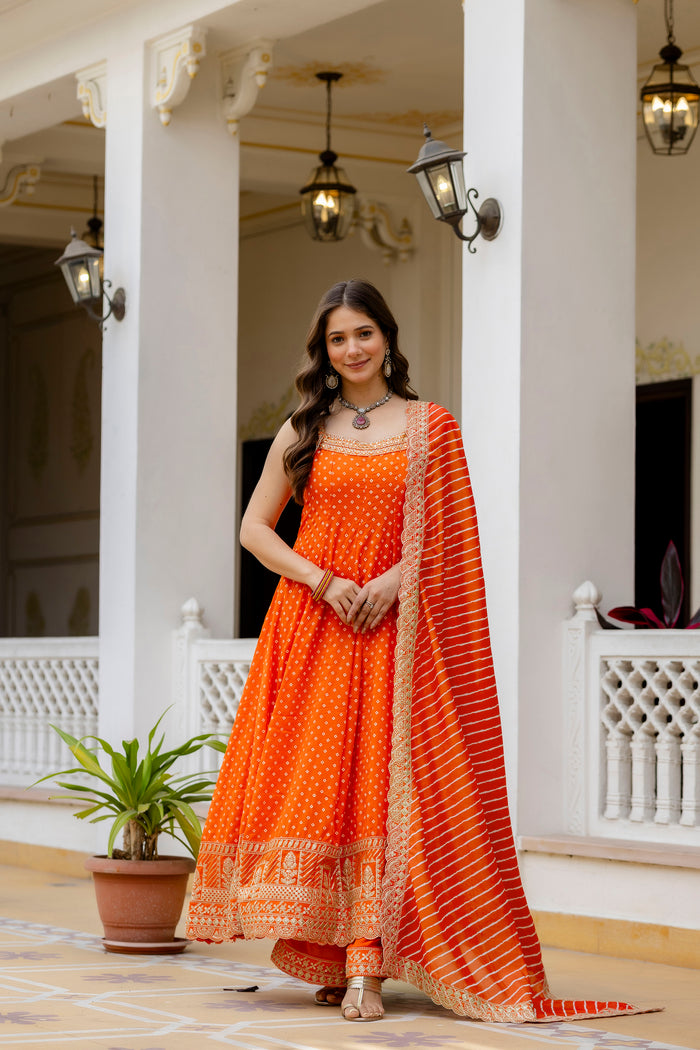 Orange Bandhani Vichitra Silk Gown Set