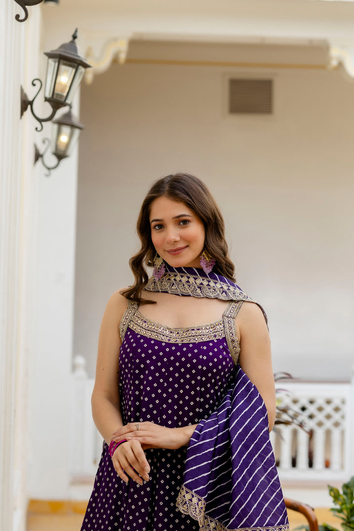 Navy Blue Bandhani Vichitra Silk Gown Set