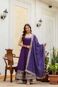 Navy Blue Bandhani Vichitra Silk Gown Set