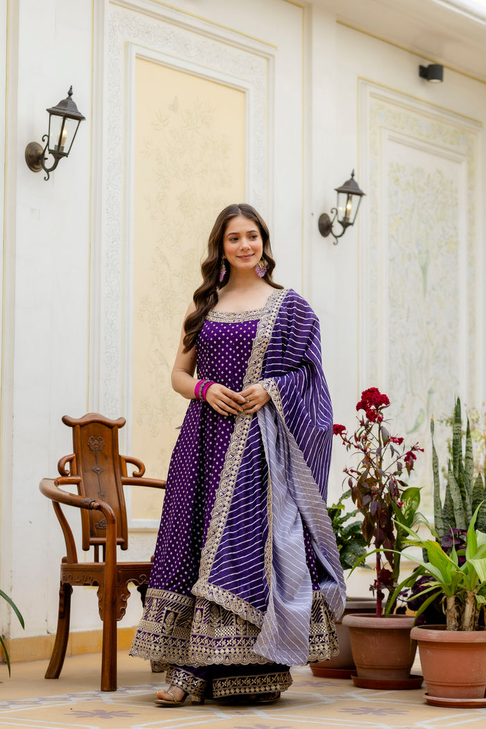 Navy Blue Bandhani Vichitra Silk Gown Set