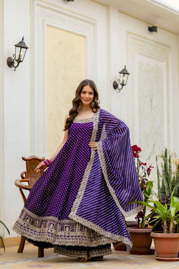 Navy Blue Bandhani Vichitra Silk Gown Set