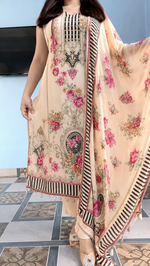 Ivory Floral Printed Kurta Pant Set with Dupatta