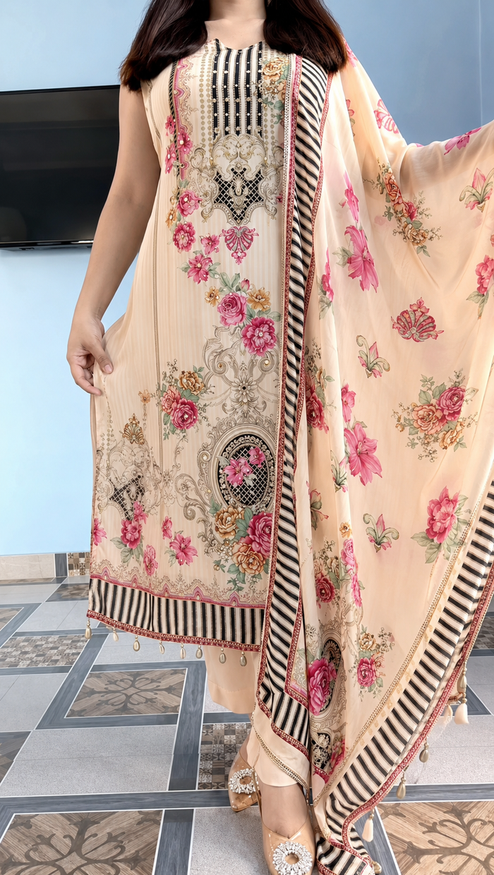 Ivory Floral Printed Kurta Pant Set with Dupatta