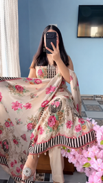 Ivory Floral Printed Kurta Pant Set with Dupatta
